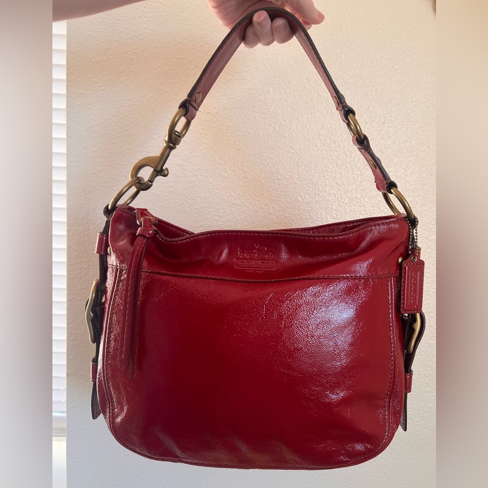Coach Zoe Glossy Patent Crimson Red Leather Shoulder Bag Bronze Y2K Buckle SoHo